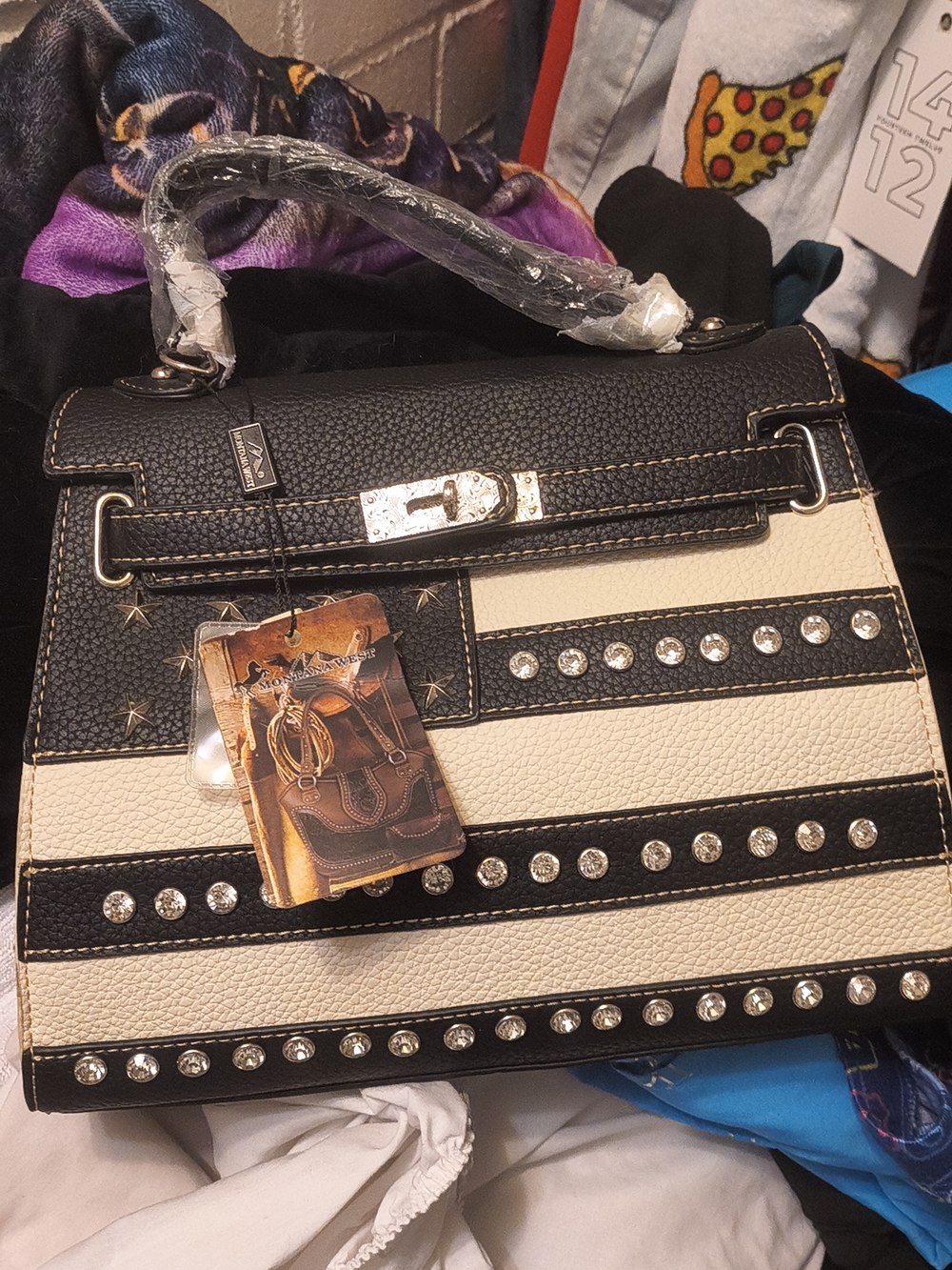 Montana West Black & Cream Striped Studded Satchel